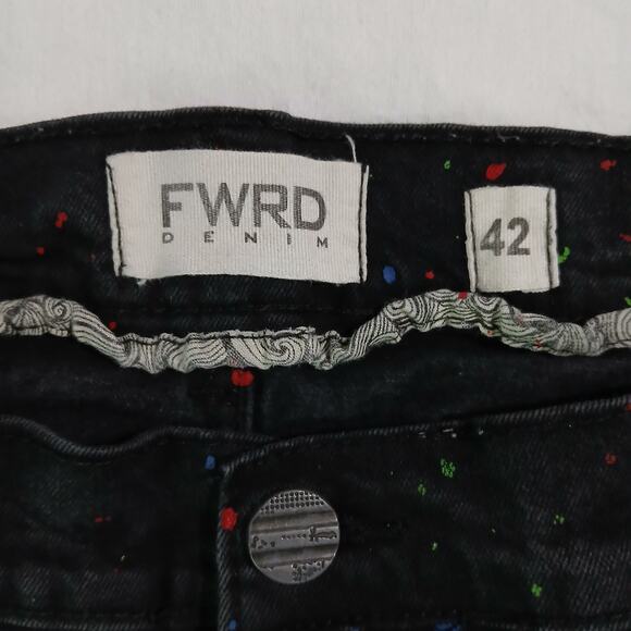 FWRD Denim 42 black skinny jeans paint splatter effect inseam 34 inset knees - Picture 2 of 12